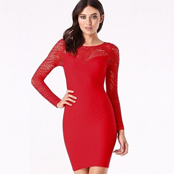 bebe Dresses & Skirts - Bebe Emma Open Shoulder Lace Detail Bodycon Stretch Dress in Red